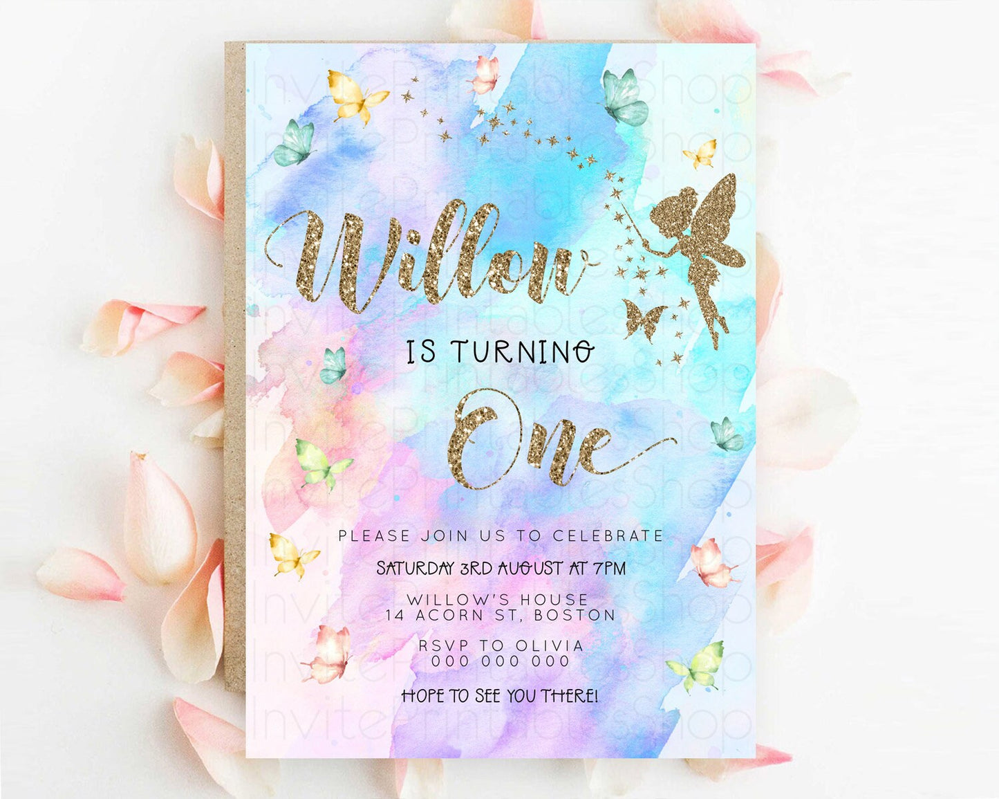 Pastel Fairy Birthday Invitation Pastel Butterflies Fairy Birthday Invitation Rainbow Ombre Watercolor 1st 2nd Birthday Invitation D23340