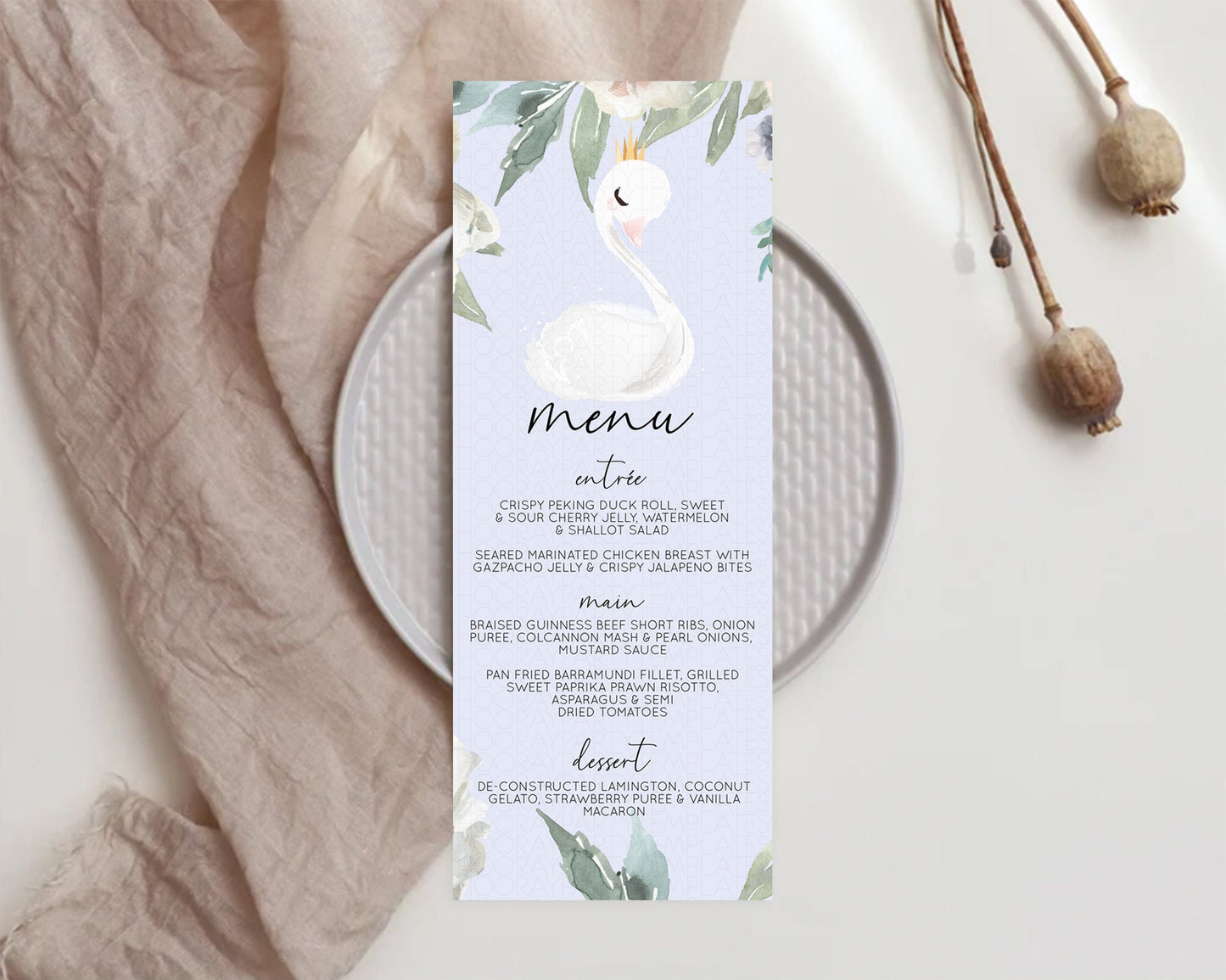 Swan Menu Swan Princess Ballet Menu Template Enchanted Swan Lake Table Decor Secret Garden Pastel Floral Dinner Dessert Food Menu  D10756