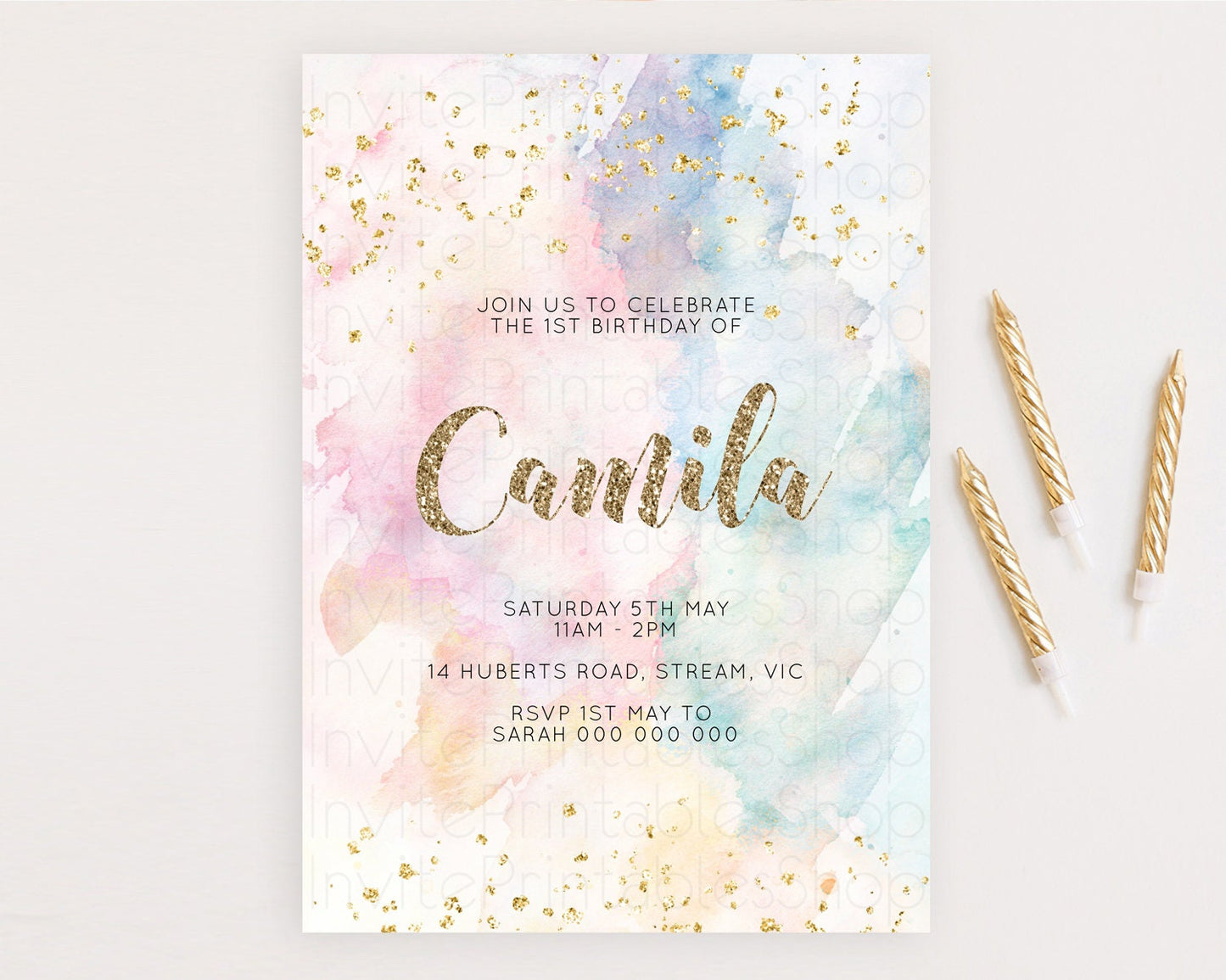 Rainbow Birthday Invitation Colorful Pastel Watercolor Invitation Gold Glitter Sprinkles Ombre Pastel 1st 2nd 3rd Birthday D10264