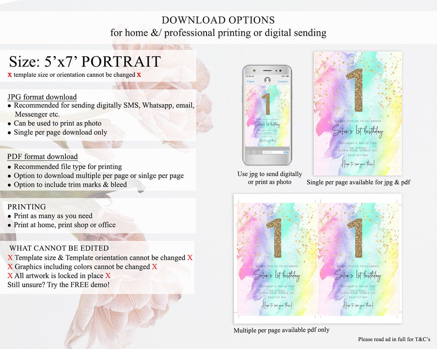 Rainbow Birthday Invitation Colorful Pastel Watercolor Invitation Gold Glitter Sprinkles Ombre Pastel 1st 2nd 3rd Birthday D10231