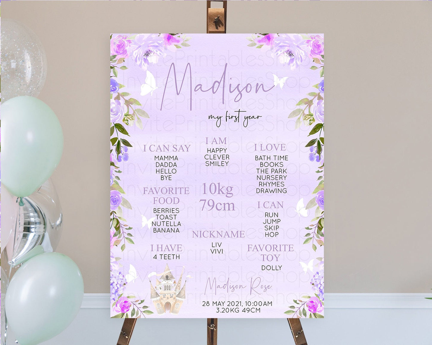 Princess First Birthday Milestone Poster Castle Milestone Board Secret Garden Enchanted Castle Pastel Floral Garden First Birthday D10339