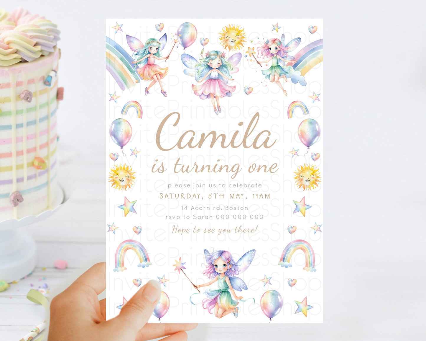 Rainbow Fairy Birthday Invitation Pastel Birthday Invitation Magical Pastel Fairy Party Theme Pastel Stars Heart Sun 1st 2nd Birthday D23373