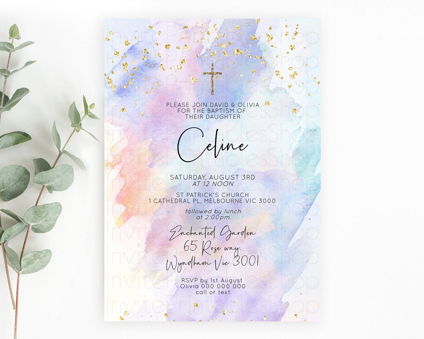 Pastel Baptism Invitation Pastel Colors Watercolor Baptism 1st Birthday Party Gold Ombre Pastel Rainbow Christening Holy Communion D10585