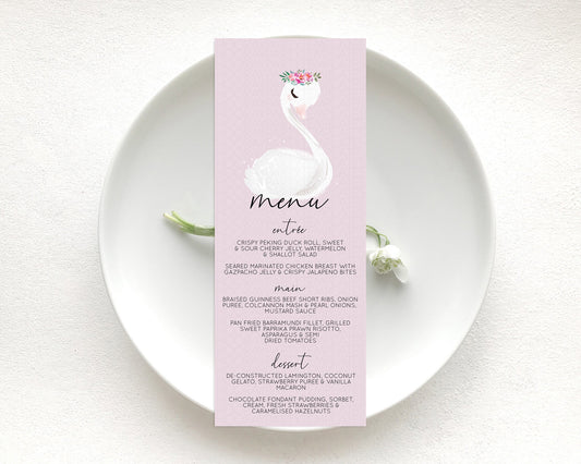 Swan Menu Swan Princess Ballet Menu Template Enchanted Swan Lake Table Decor Secret Garden Pastel Floral Dinner Dessert Food Menu  D10758