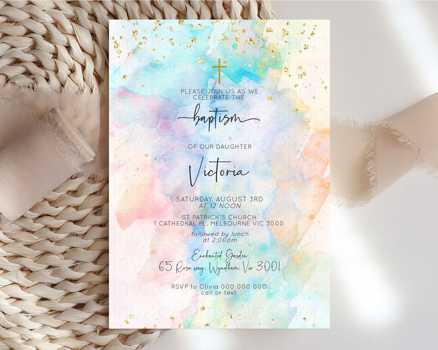 Rainbow Baptism invitation Pastel Rainbow Christening Invite Ombre Watercolor Invite Gold Glitter Sprinkle Splash Cross Religious 276v3