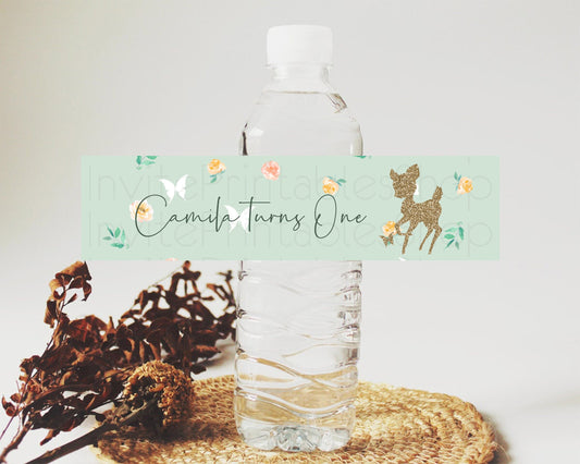 Fawn Deer Water Label Template Pastel Floral Deer Enchanted Forest Butterfly Party Decor Birthday Baptism Baby Shower Bridal Shower D10385