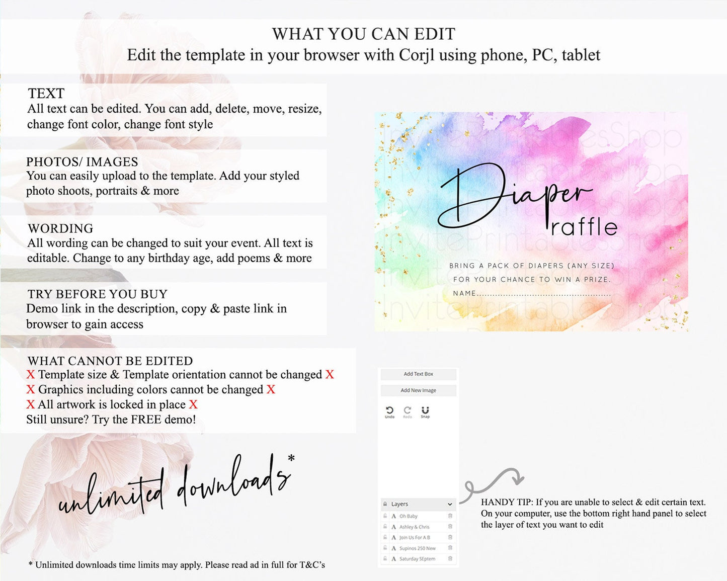 Pastel Diaper Raffle Card Pastel Rainbow Diaper Raffle Insert Colorful Ombre Watercolor Diaper Ticket Confetti Glitter Raffle Game D10449