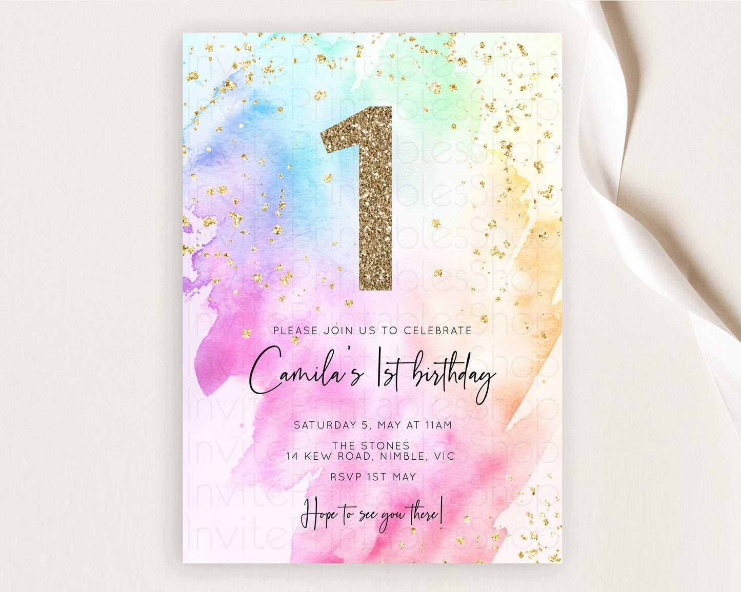 Rainbow Birthday Invitation Colorful Pastel Watercolor Invitation Gold Glitter Sprinkles Ombre Pastel 1st 2nd 3rd Birthday D10449