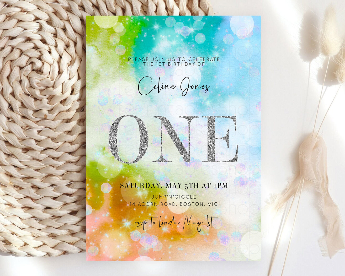 Rainbow Birthday Invitation Pastel Birthday Invite Ombre Watercolor Invite Enchanted Theme Colorful Splash Glitter Sprinkles 1st 2nd 3rd