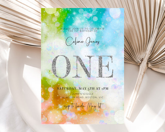 Rainbow Birthday Invitation Pastel Birthday Invite Ombre Watercolor Invite Enchanted Theme Colorful Splash Glitter Sprinkles 1st 2nd 3rd