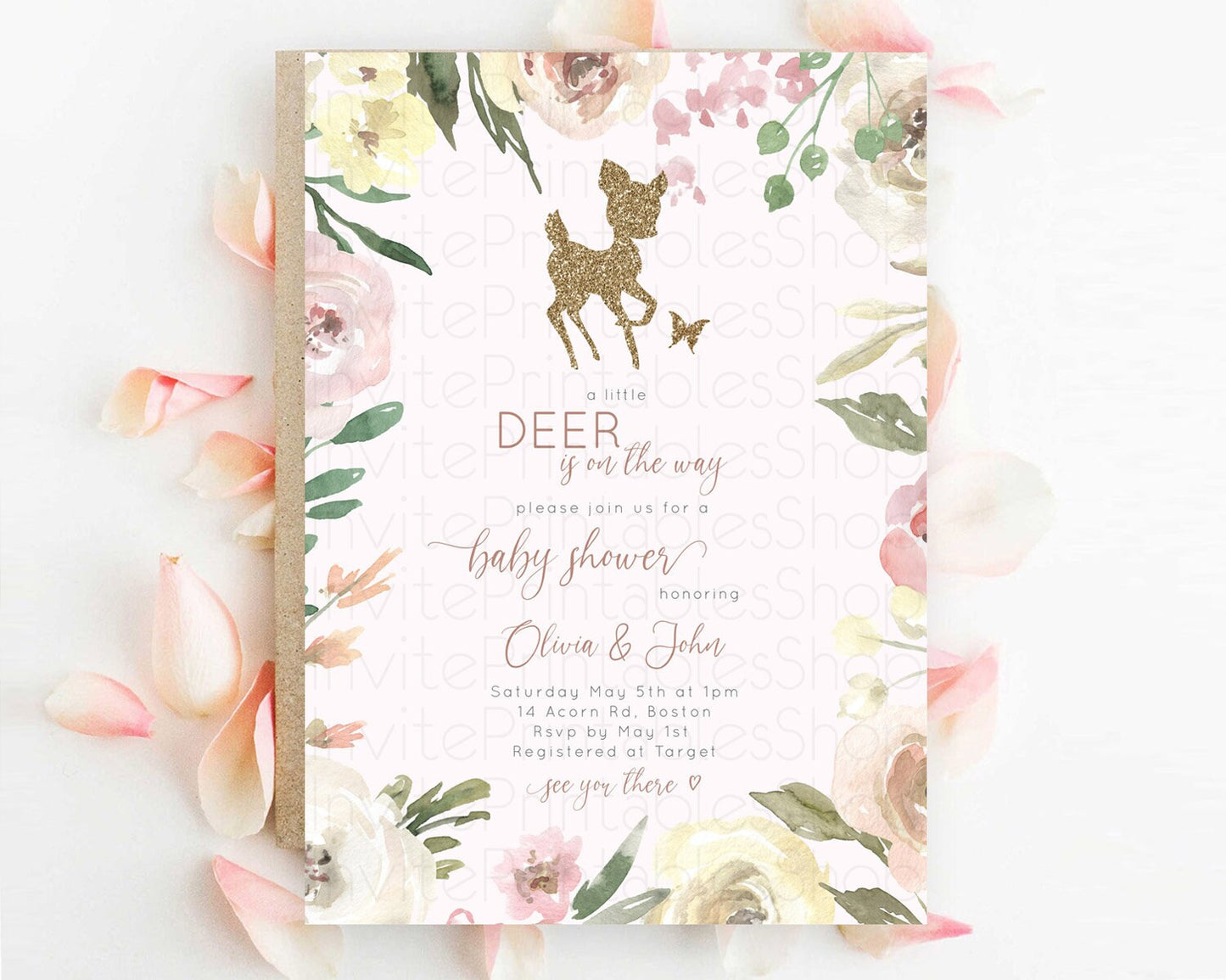 Fawn Baby Shower Invitation: Glitter Deer, Whimsical Butterflies, Secret Garden, Pastel Flowers, Pink Yellow Floral, Enchanted Forest D10193