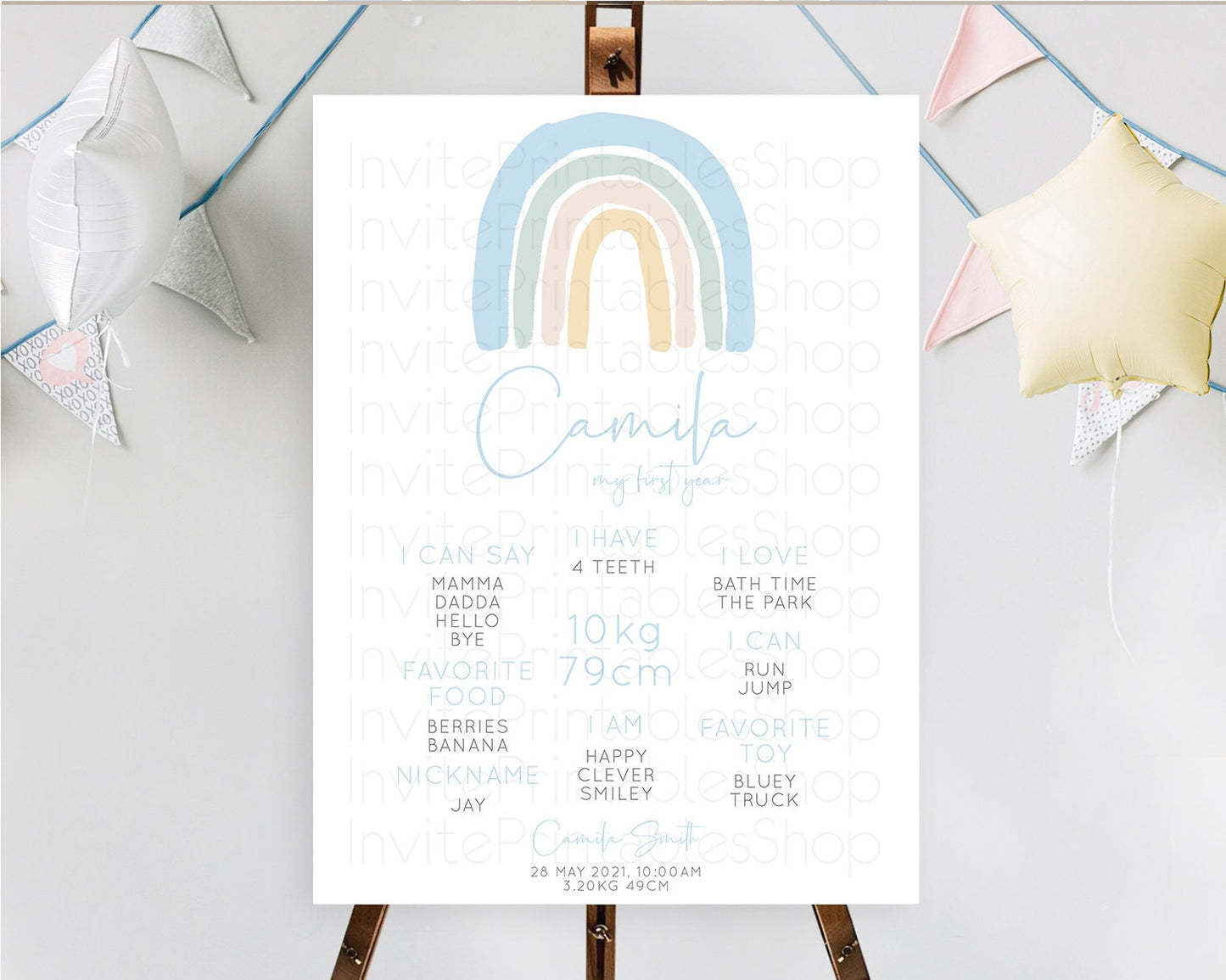 Editable Pastel Rainbow First Birthday Milestone Poster Boho Rainbow Milesto