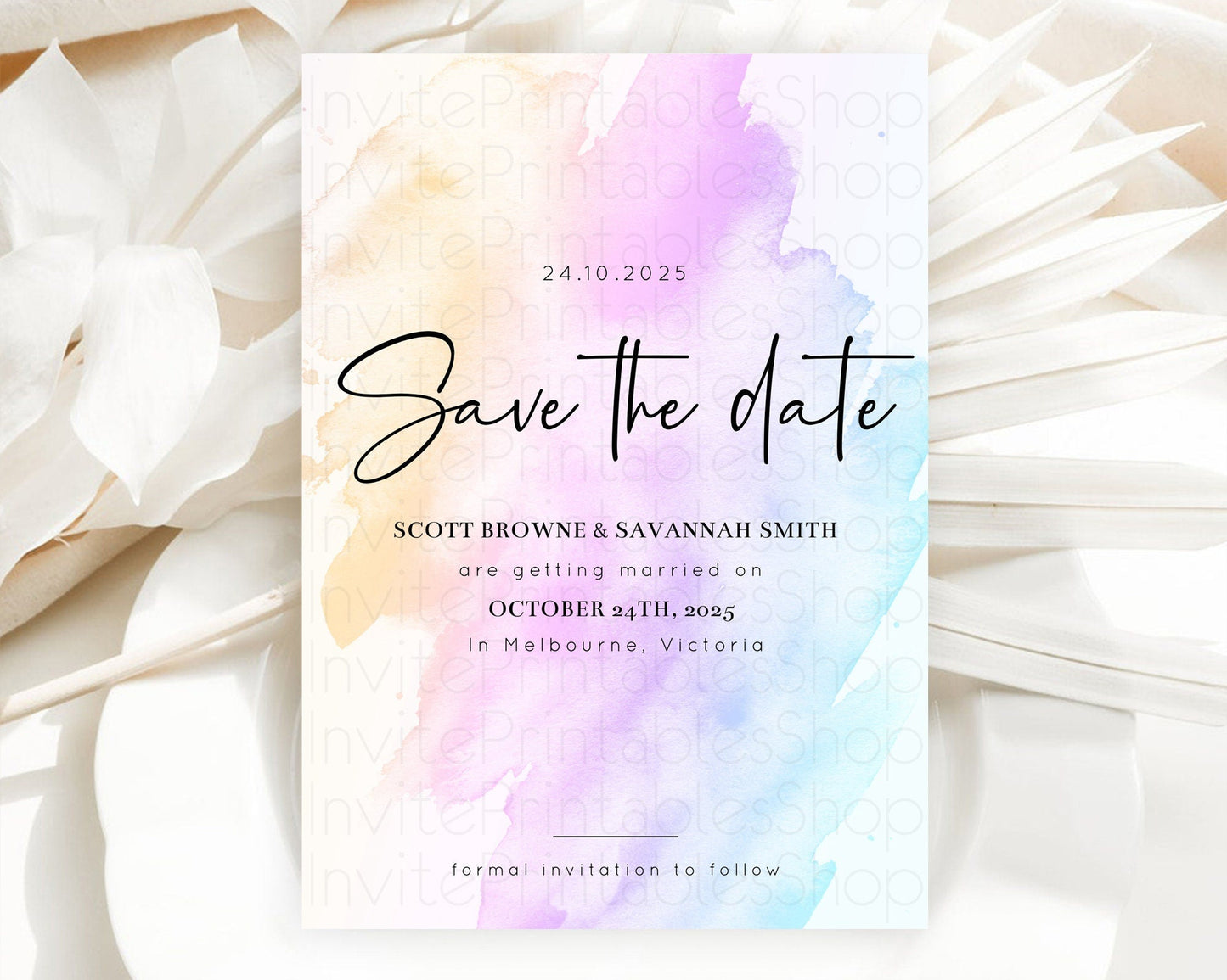 Pastel Save The Date Template Pastel Ombre Rainbow Watercolor Colorful Party For Birthday Baptism Baby Shower Wedding Bridal Shower D10177