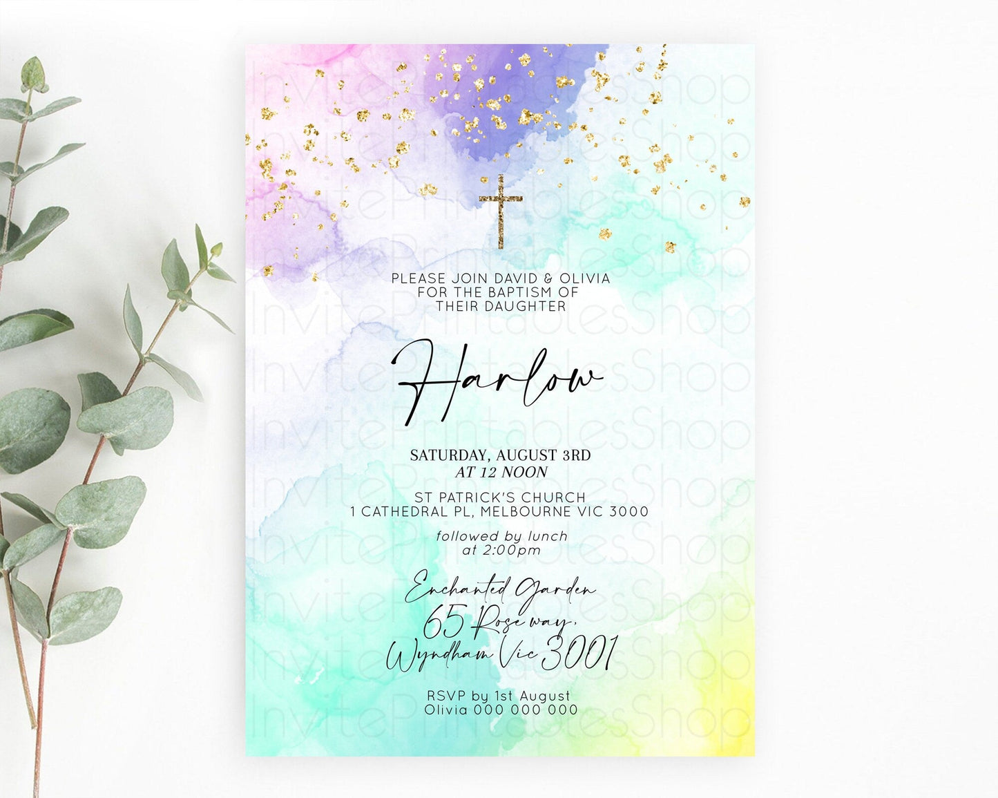 Pastel Baptism Invitation Pastel Colors Watercolor Baptism 1st Birthday Party Gold Ombre Pastel Rainbow Christening Holy Communion D10157