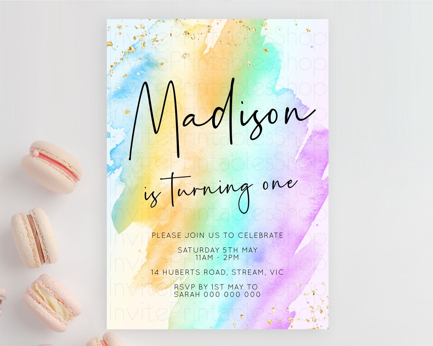 Editable Rainbow Birthday Invitation Colorful Pastel Watercolor Invitation G