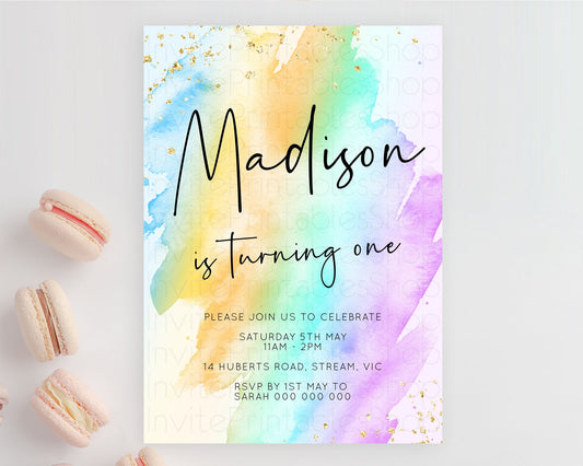 Editable Rainbow Birthday Invitation Colorful Pastel Watercolor Invitation G