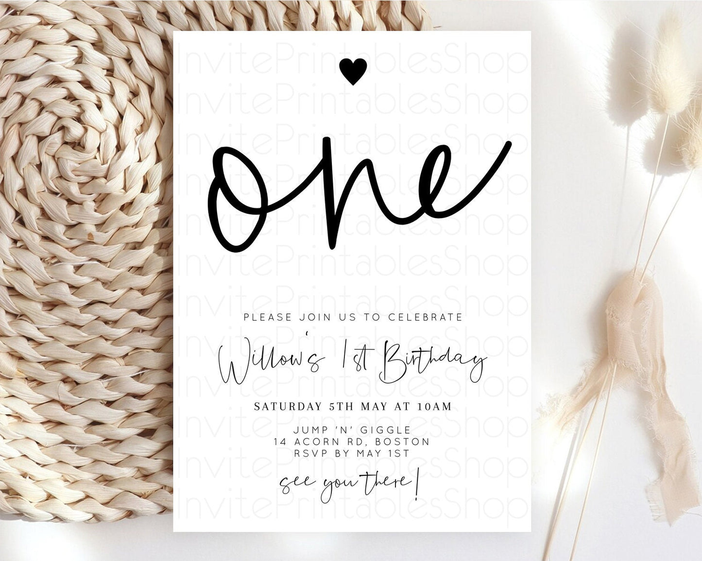 Minimalist Birthday Invitation White Black Invitation Minimalist Pastel Invitation Plain Invites Modern Simple 1st First  Birthday D11013