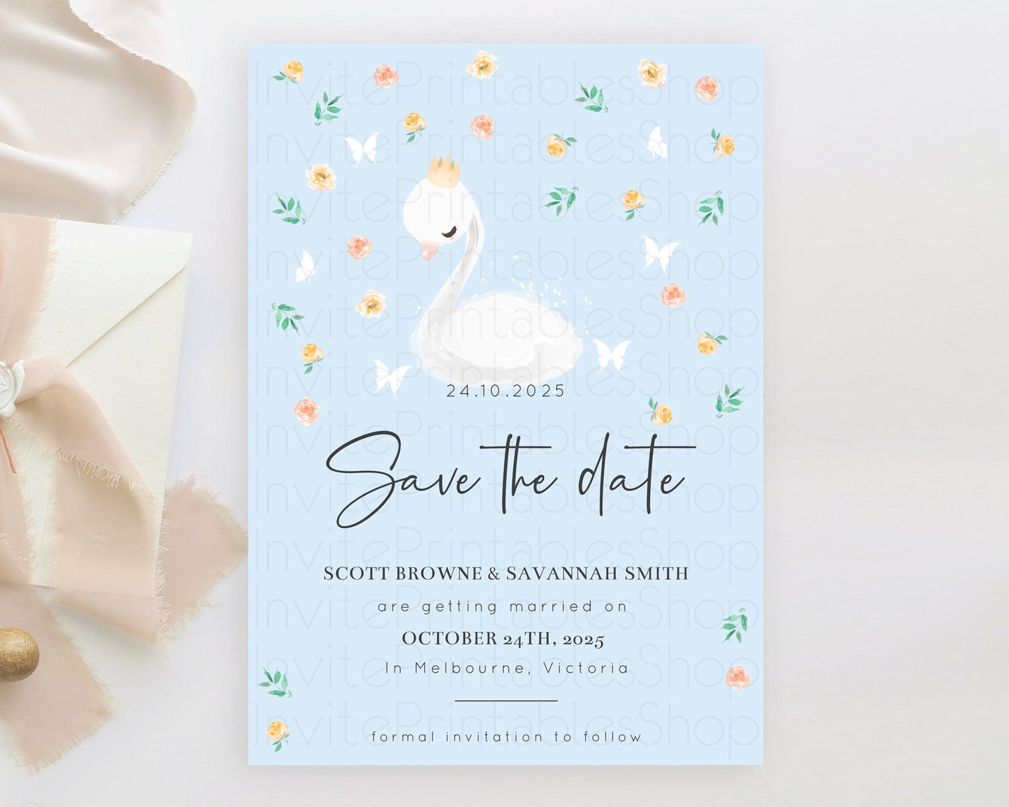 Swan Save The Date Template Swan Princess Ballet Party Enchanted Swan Lake Secret Garden Pastel Floral Birthday Baptism Baby Shower  D10903