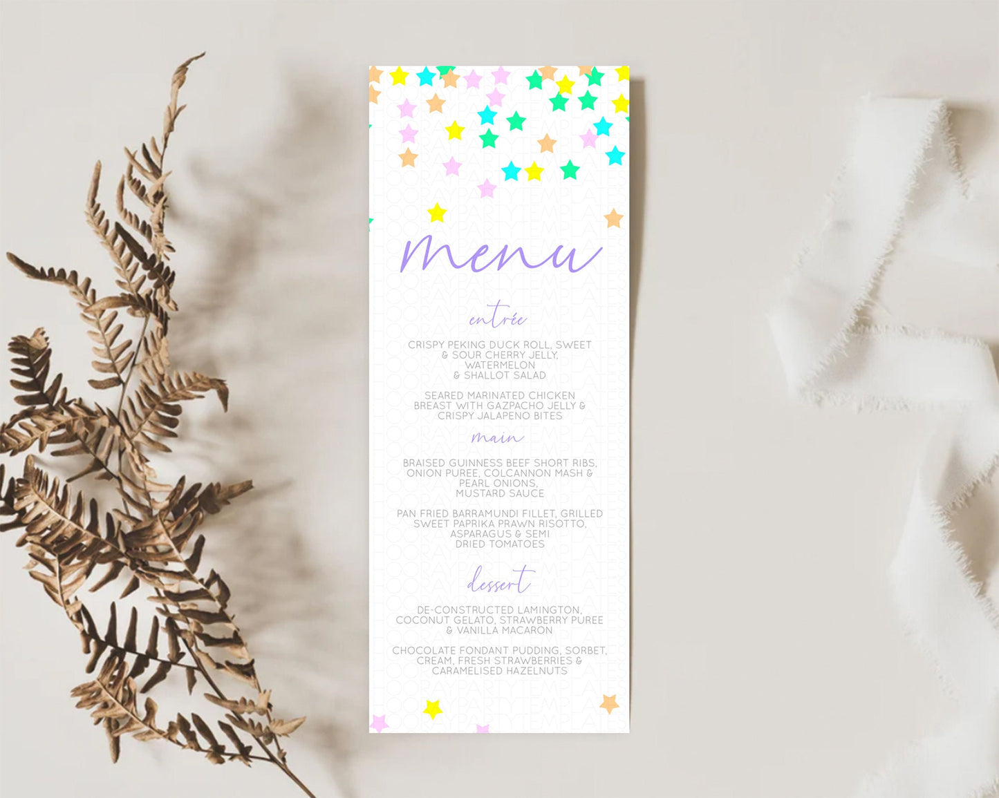 Star Menu Template Pastel Stars Menu Shooting Star Twinkle Little Star Decor Rainbow Colorful Confetti Dinner Dessert Food Menu D10394