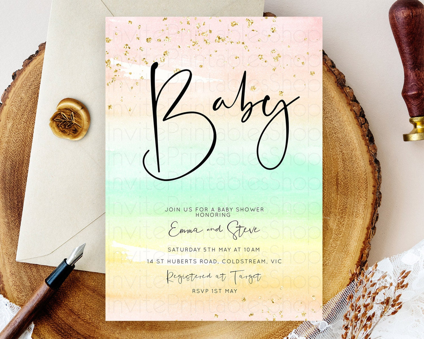 Pastel Baby Shower Invitation Rainbow Baby Shower Invitation Colorful Pastel Watercolor Invitation Gold Glitter Sprinkles Ombre D10591