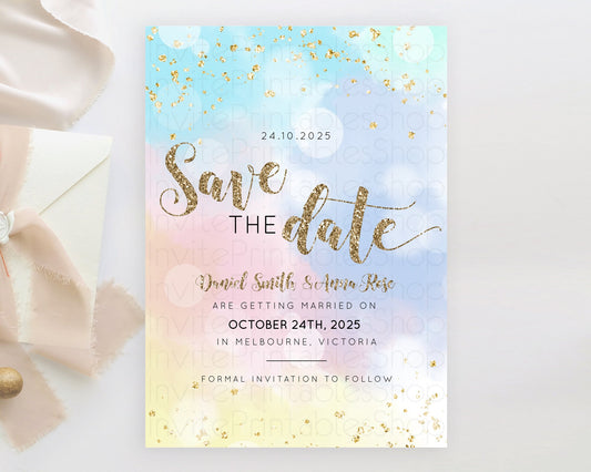 Editable Pastel Save The Date Template Pastel Ombre Rainbow Watercolor Color