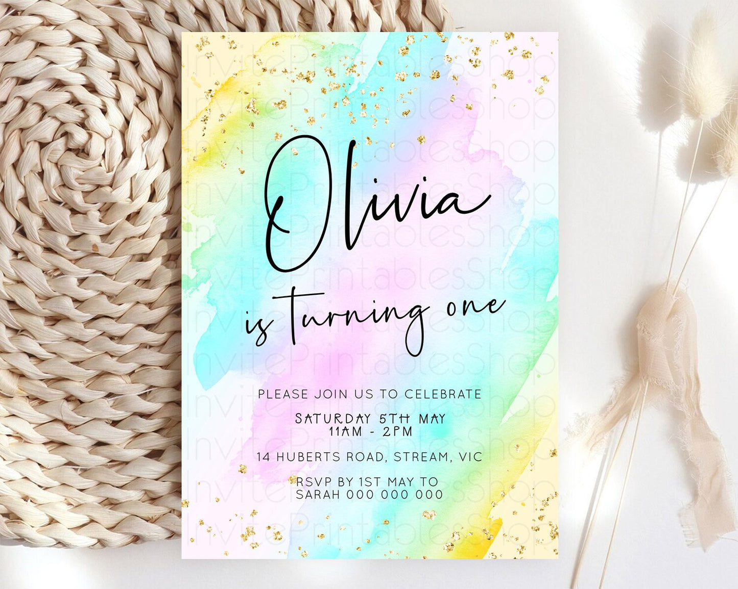 Pastel Birthday Invitation Ombre Watercolor Birthday Invitation Glitter Rainbow Color Splash 1st 2nd 3rd Birthday Invitation D23054