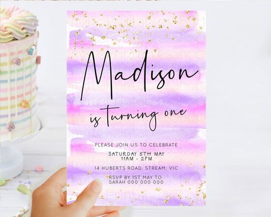 Pink Birthday Invitation pink Watercolor Invitation Pastel pink Watercolor Invitation pink Splash Gold Invitation 1st First Birthday D23035