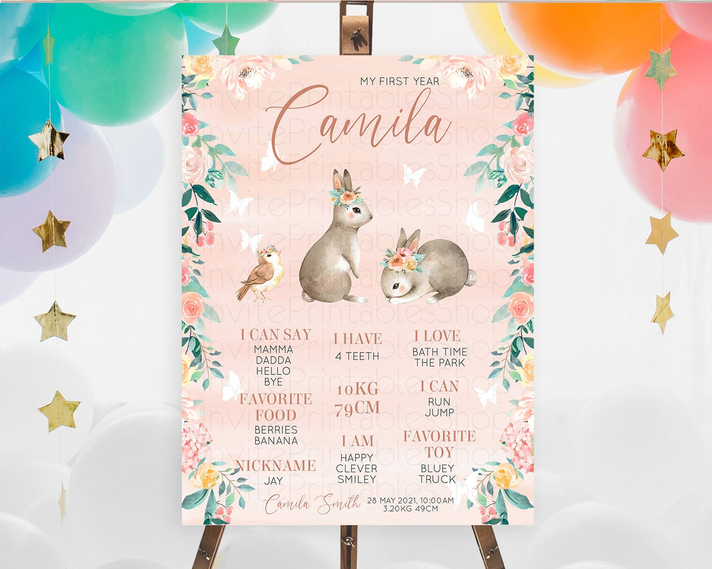 Bunny First Birthday Milestone Board Floral Bunny Milestone Poster Pastel Flowers Woodland Bunny Milestone 1st Birthday Welcome Sign D10922