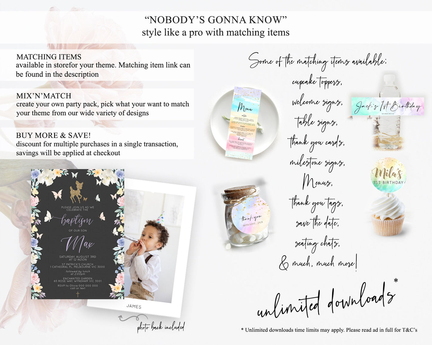 Fawn Baptism Invitation Deer Baptism 1st Birthday Invitation Enchanted Forest Christening Invitation Pastel Garden Butterfly Floral D10323