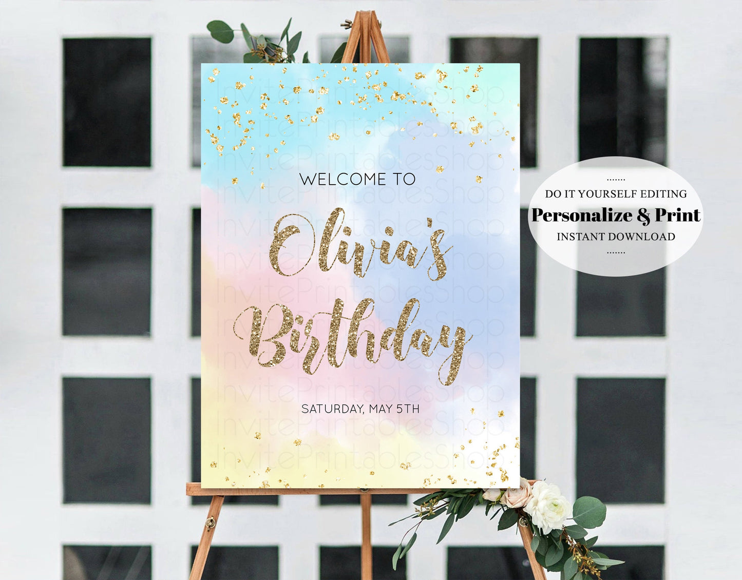 Rainbow Welcome Board Watercolor Pastel Welcome Sign Colorful Splash Glitter Poster 1st Birthday Poster Baby Shower Sign Bridal Shower Sign