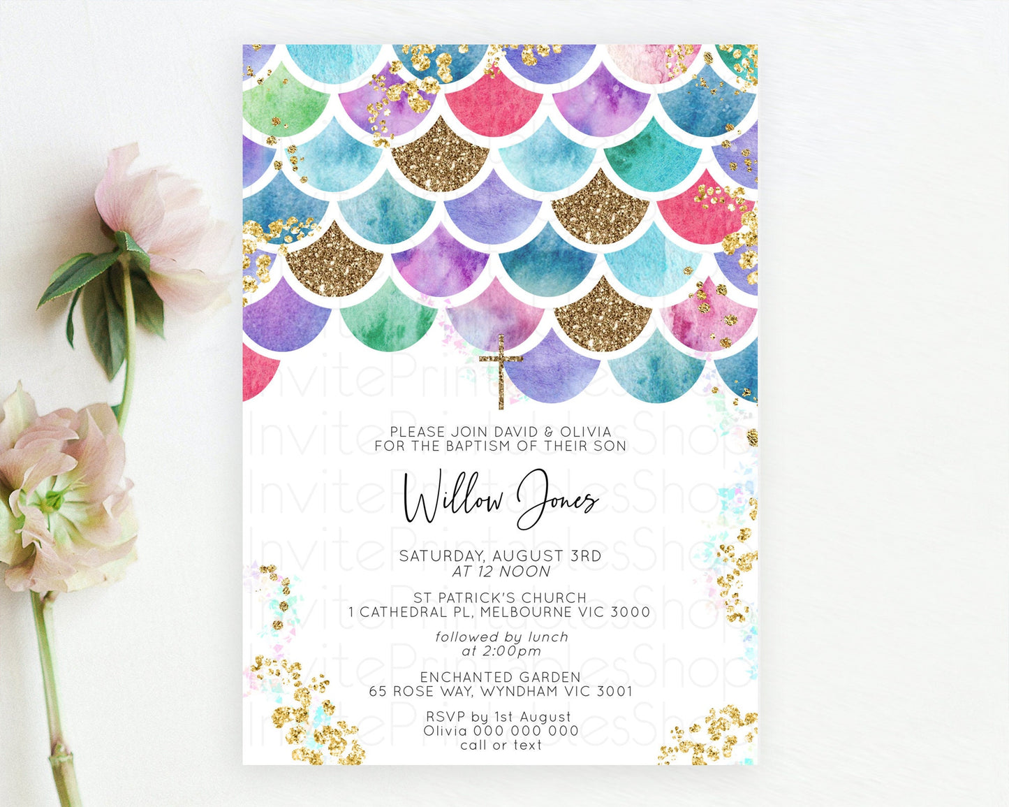 Rainbow Fish Baptism Invitation Rainbow Fish Baptism 1st Birthday Invitation Watercolor Mermaid Pastel Sea Chrisnteing Invitation D10581