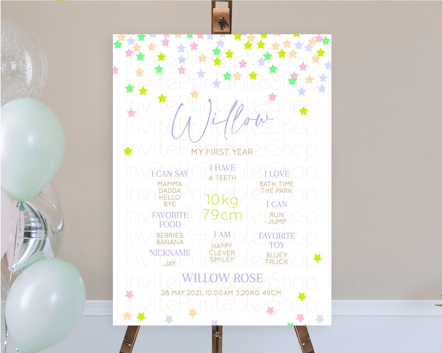 Star First Birthday Milestone Poster Pastel Stars Milestone Shooting Star Rainbow Colorful Confetti Twinkle Little Star 1st Birthday D10396