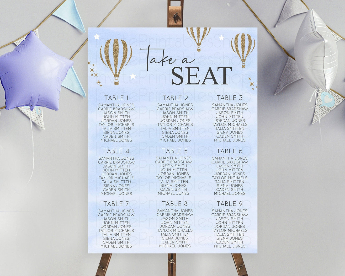 Hot Air Balloon Seating Chart Hot Air Balloon Seating Chart Adventure Awaits Up & Away Glitter Blue Watercolor Seating Take a Seat D10333