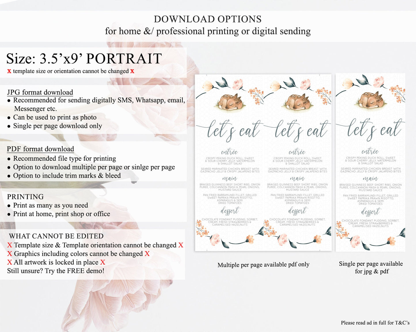 Fawn Menu Deer Menu Template Pastel Floral Deer Table Decor Enchanted Forest Butterfly Floral Dinner Dessert Menu Party Food Menu D10790