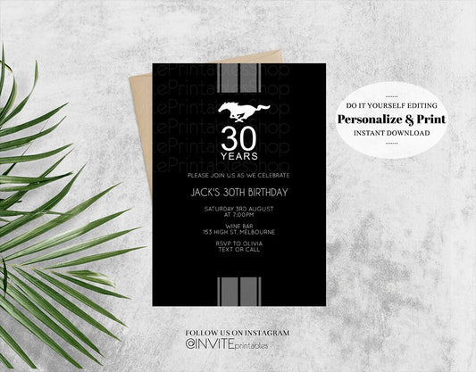 Car Mustang Birthday Invitation, Ford Mustang Invitation, Mustang Invite, 50th Mustang Birthday Invitation, Black, Mustang, Ford Black Grey