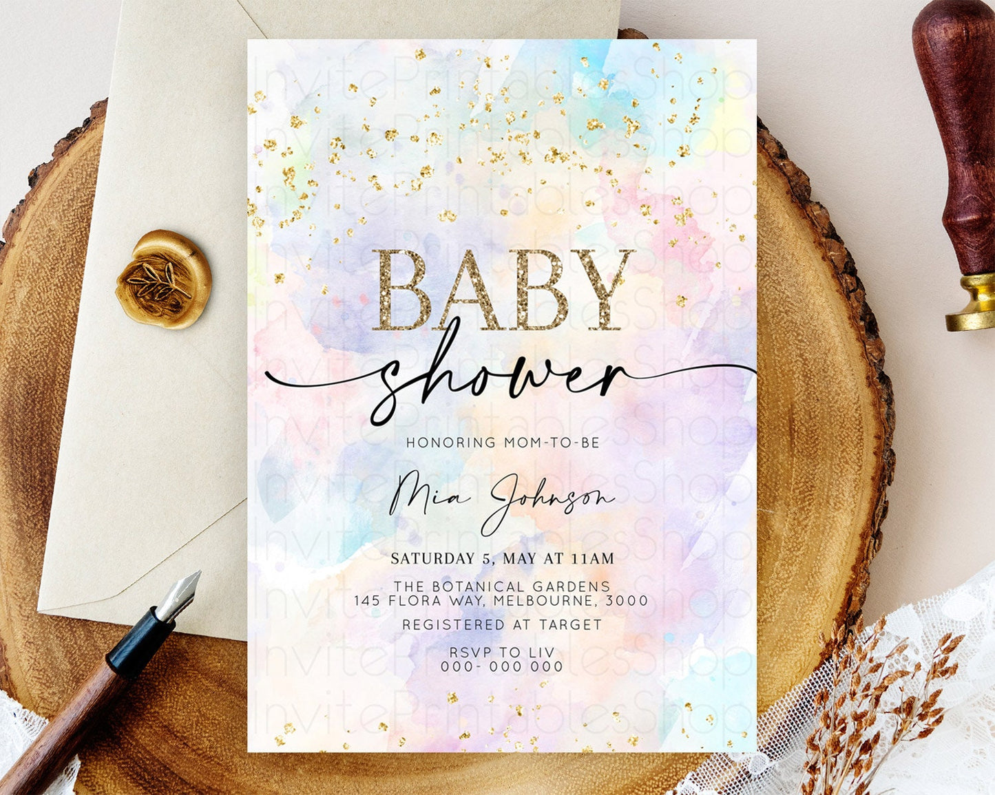 Pastel Baby Shower Invitation Rainbow Baby Shower Invitation Colorful Pastel Watercolor Invitation Gold Glitter Sprinkles Ombre D10605