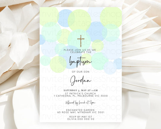 Editable Pastel Baptism Invitation Blue Confetti Baptism 1st Birthday Invita