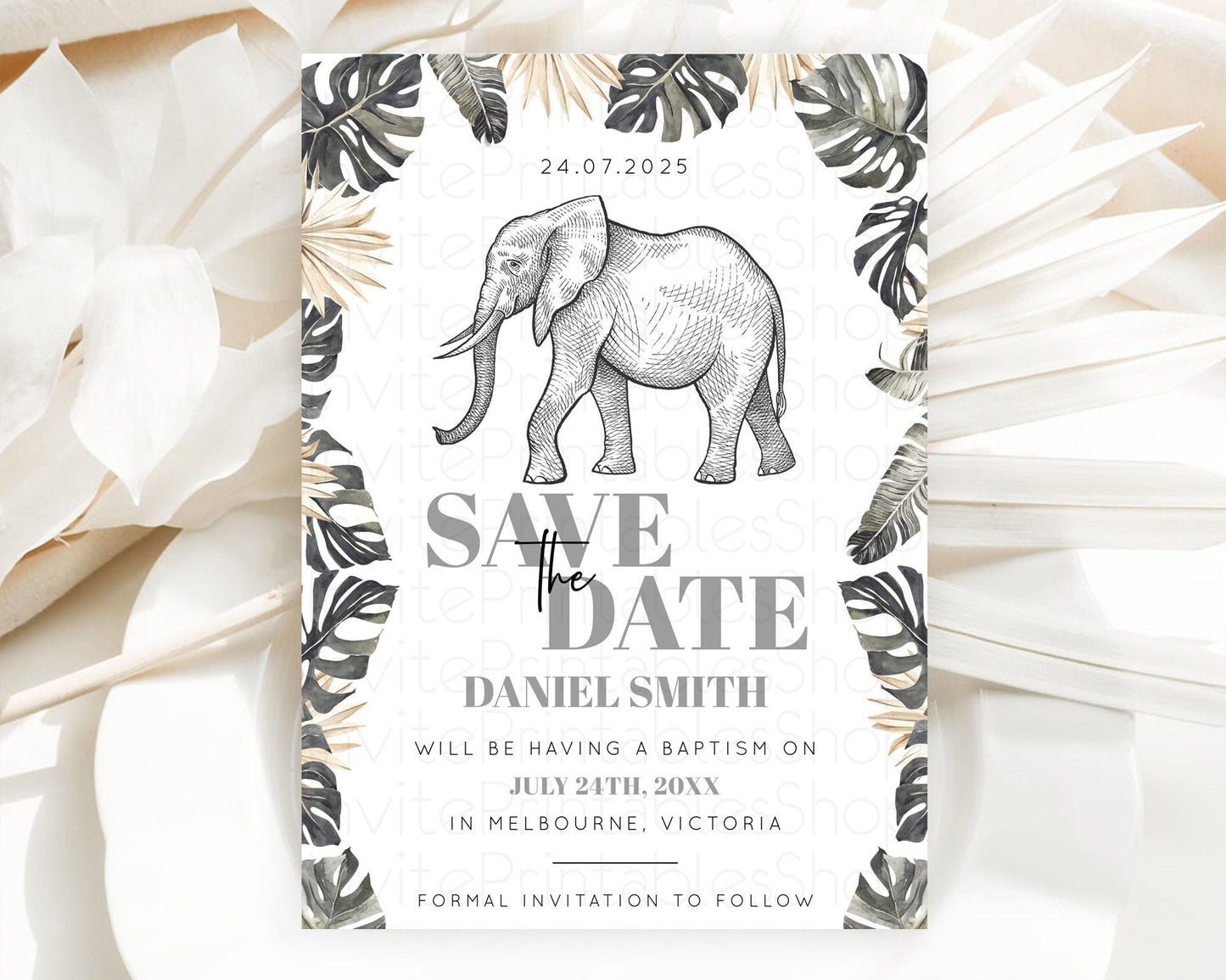 Elephant Save The Date Template Elephant Safari Adventure Party Dried Palm Fern Zoo 1st Birthday Baptism Baby Shower Bridal Shower D10806