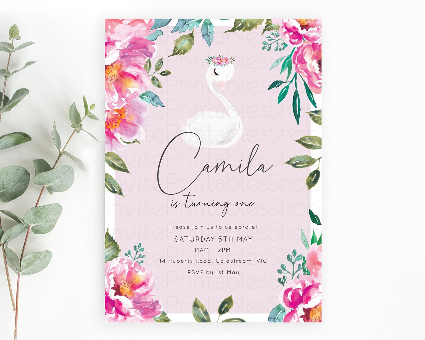 Swan Birthday Invitation Swan Princess Ballet Invitation Enchanted Forest Swan Lake Party Secret Garden Watercolour Pastel Floral D10757