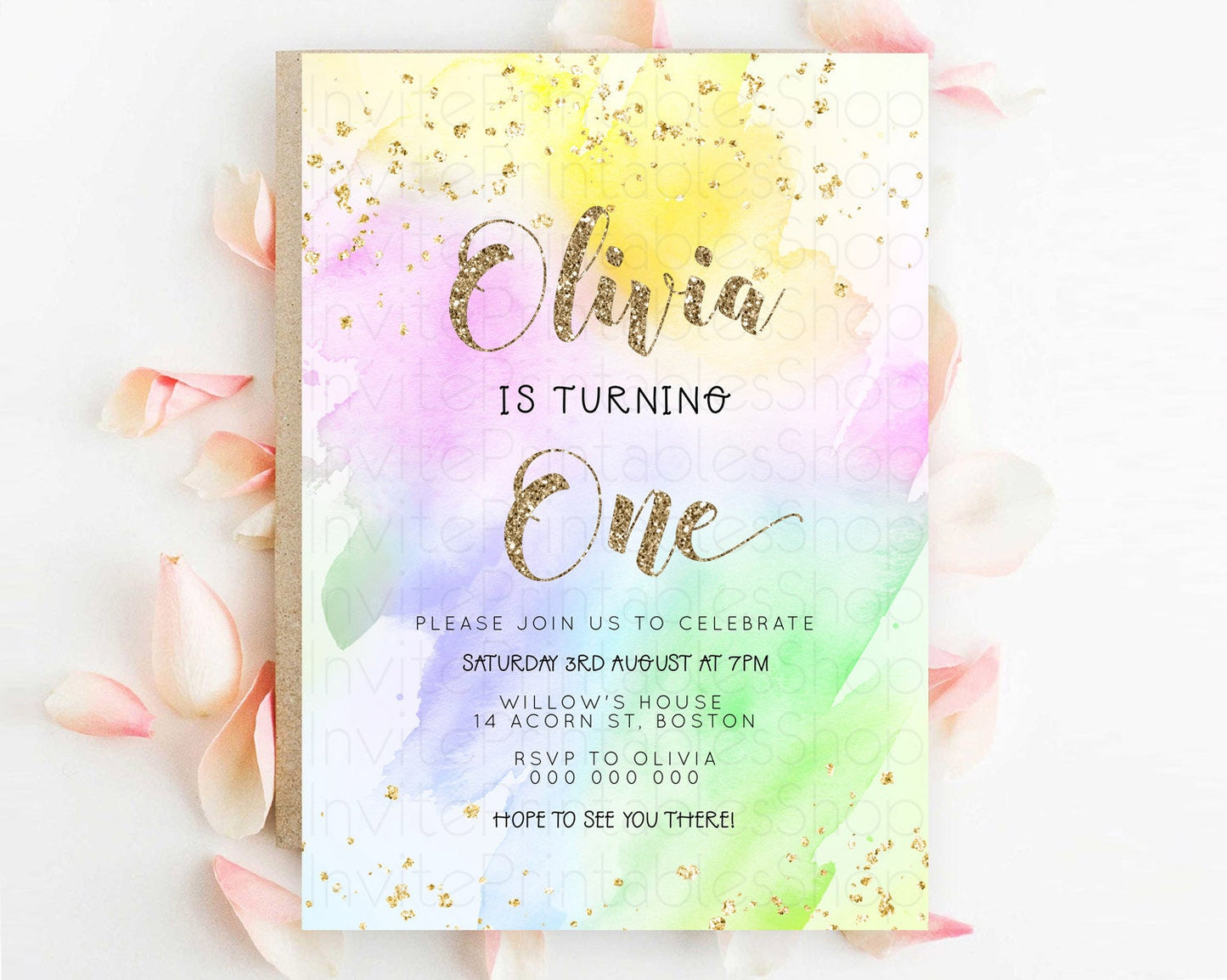 Rainbow Birthday Invitation Colorful Pastel Watercolor Invitation Gold Glitter Sprinkles Ombre Pastel 1st 2nd 3rd Birthday D23305