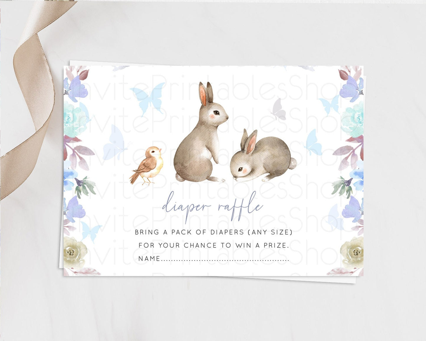 Bunny Diaper Raffle Card Floral Bunny Diaper Raffle Insert Pastel Flowers Woodland Bunny Diaper Ticket Forest Bunny Raffle Game D10927