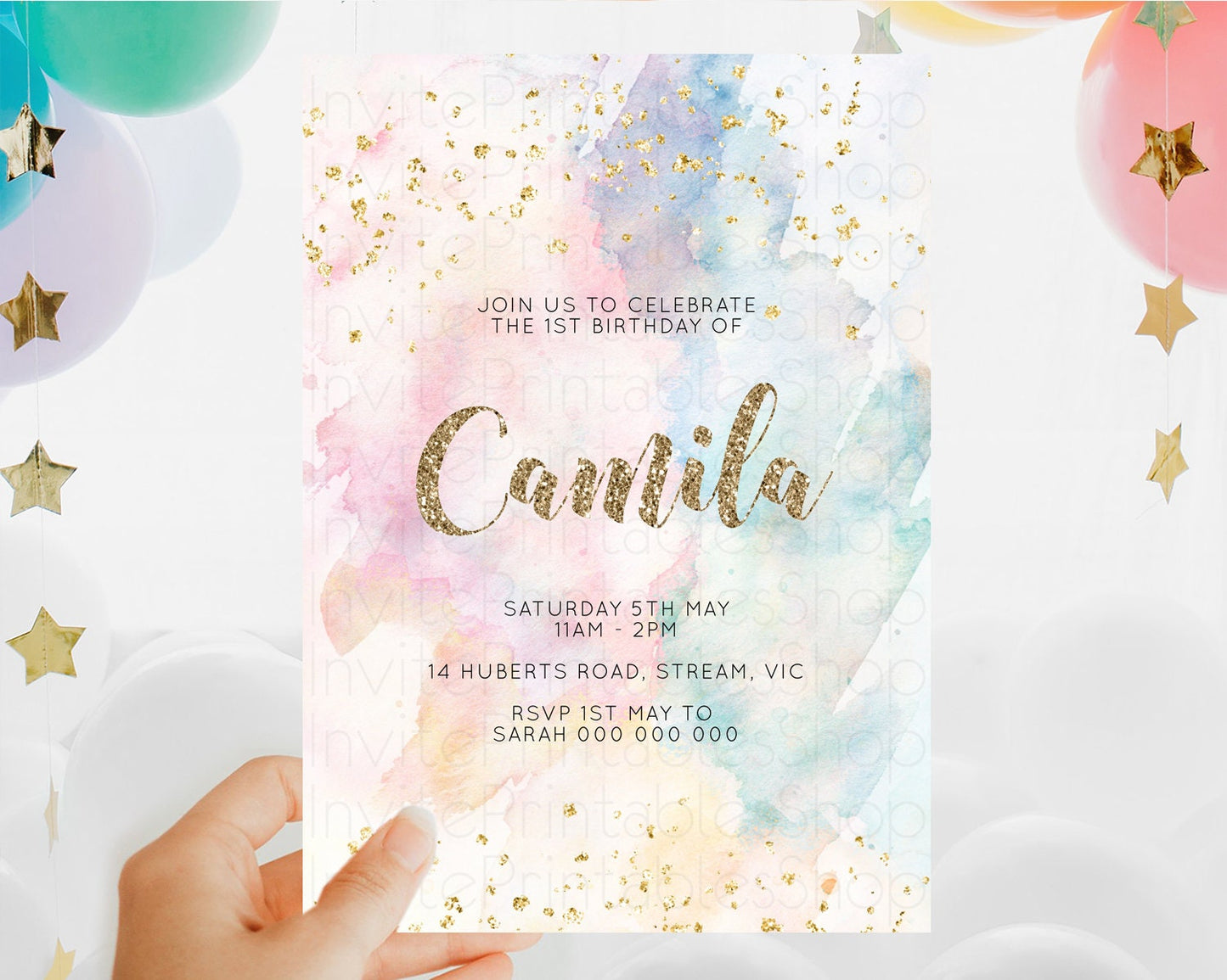 Rainbow Birthday Invitation Colorful Pastel Watercolor Invitation Gold Glitter Sprinkles Ombre Pastel 1st 2nd 3rd Birthday D10264