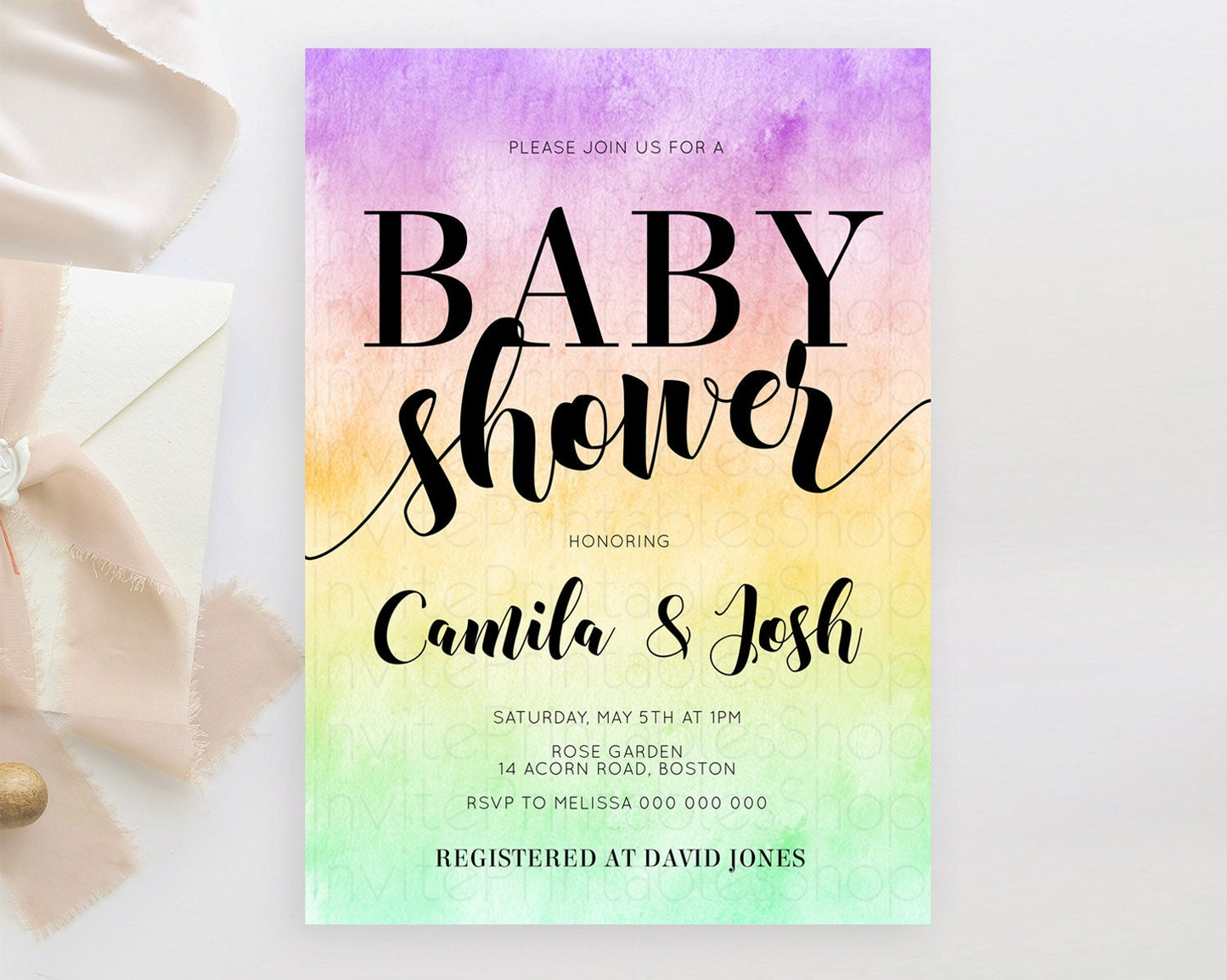 Pastel Baby Shower Invitation Rainbow Baby Shower Invitation Colorful Pastel Watercolor Invitation Gold Glitter Sprinkles Ombre D10512