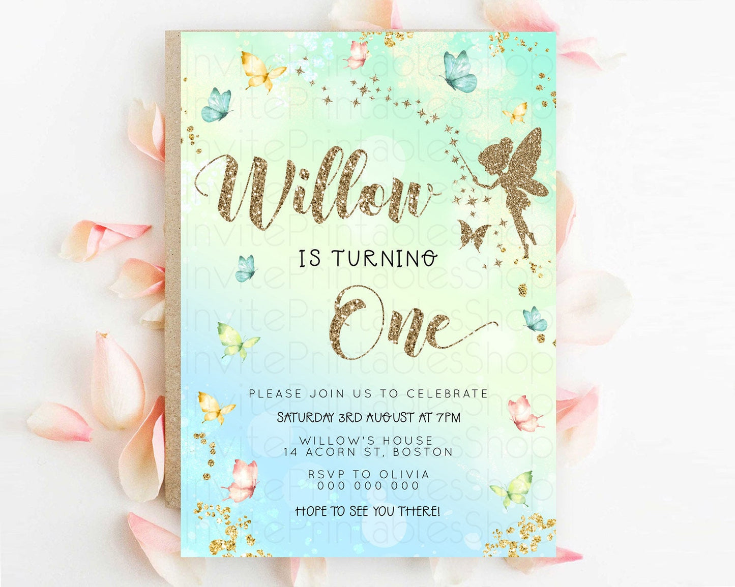 Pastel Fairy Birthday Invitation Pastel Butterflies Fairy Birthday Invitation Rainbow Ombre Watercolor 1st 2nd Birthday Invitation D23150