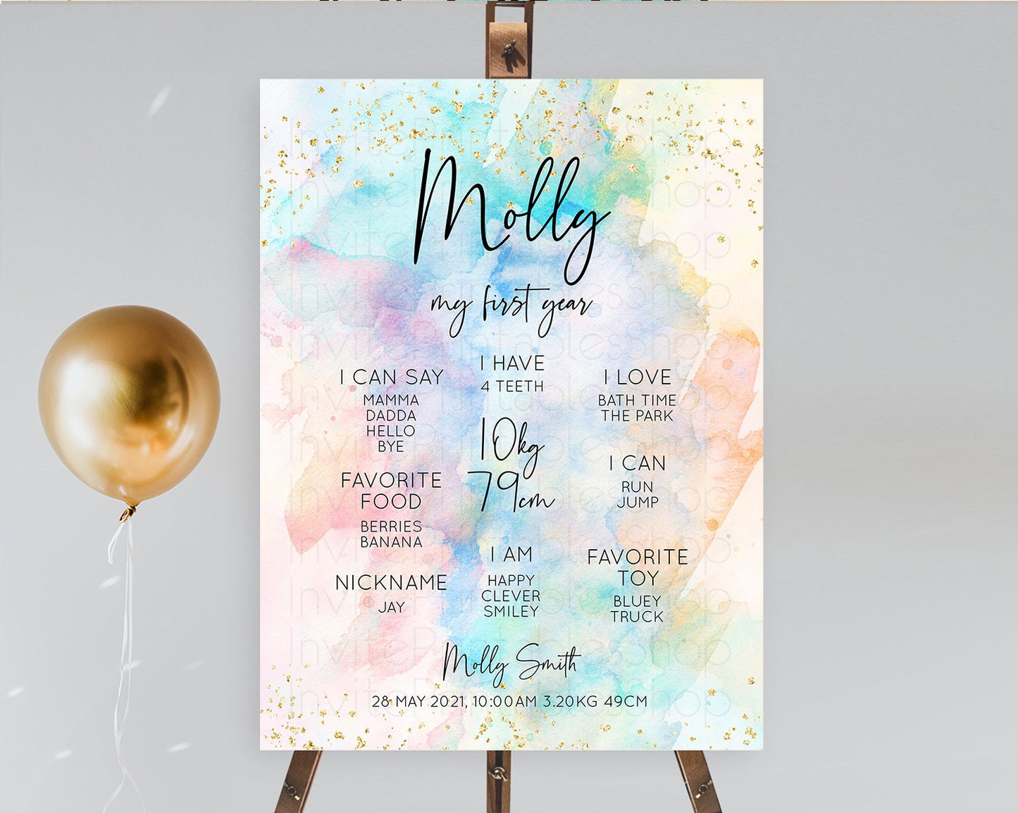 Pastel First Birthday Milestone Board Pastel Rainbow Milestone Poster Colorful Confetti Watercolor Glitter 1st Birthday Welcome Sign D10260