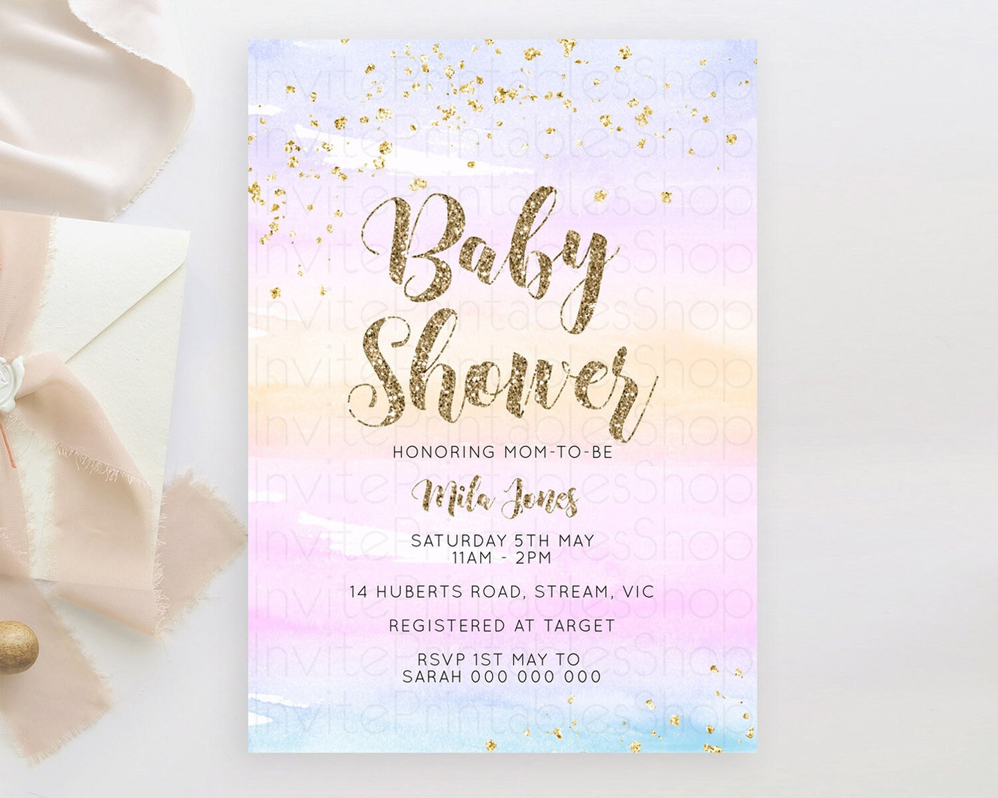 Pastel Baby Shower Invitation Rainbow Baby Shower Invitation Colorful Pastel Watercolor Invitation Gold Glitter Sprinkles Ombre D10595