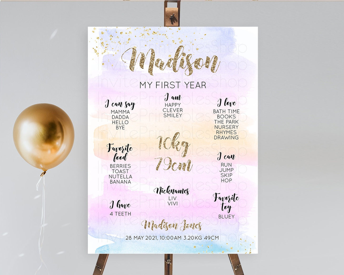 Pastel First Birthday Milestone Board Pastel Rainbow Milestone Poster Colorful Confetti Watercolor Glitter 1st Birthday Welcome Sign D10595