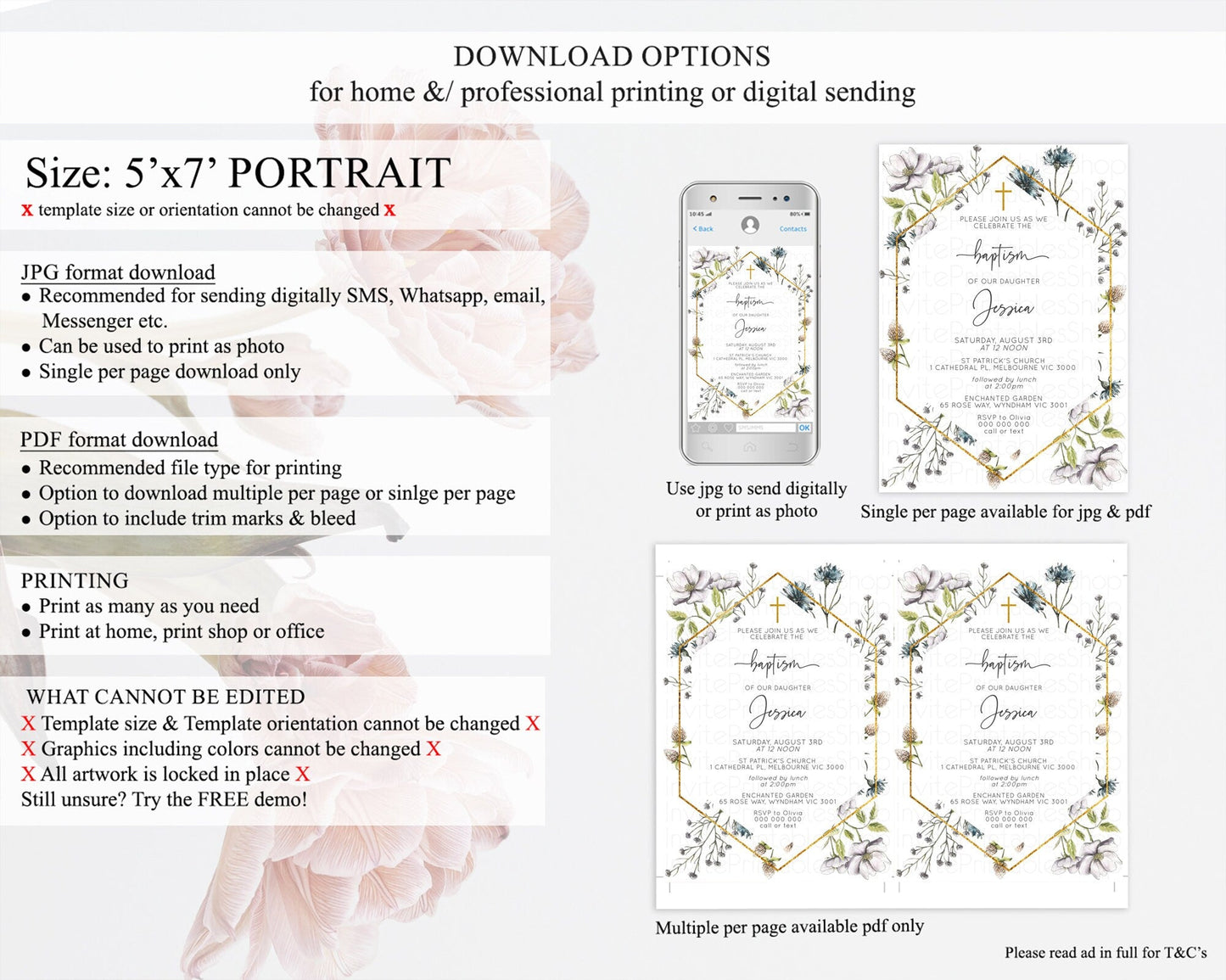 Secret Garden Baptism Invitation Wildflower Baptism Birthday Invite Pastel Flowers Christening Invite Enchanted Garden Boho Floral D11002