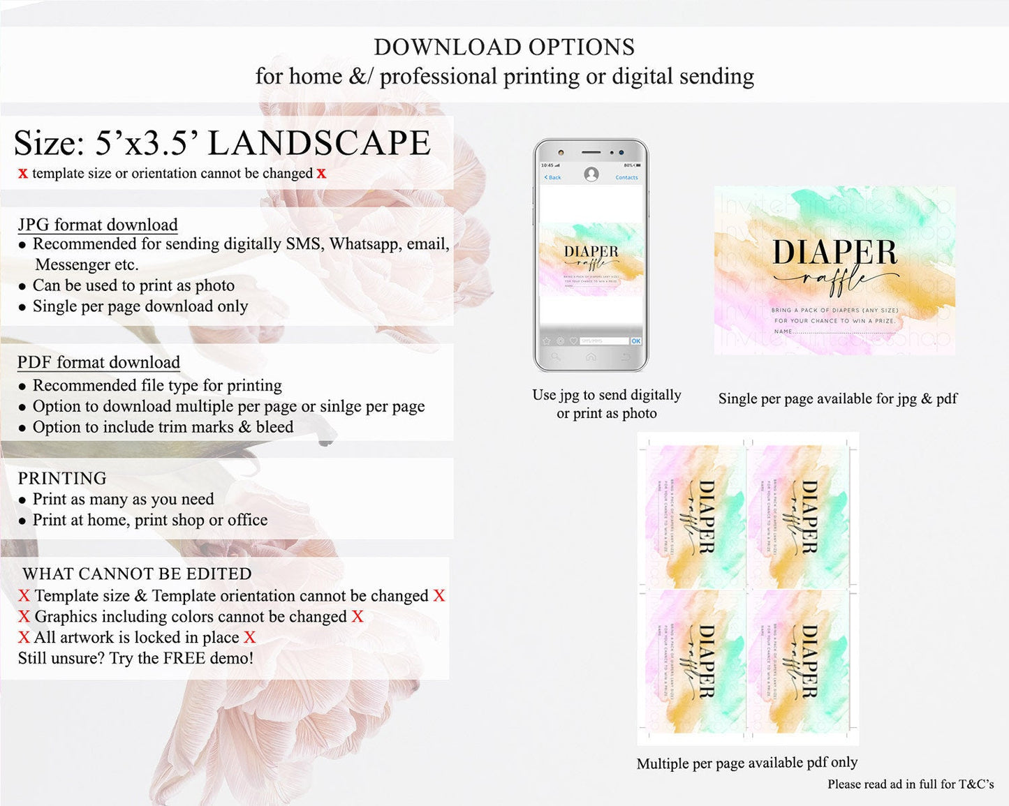 Pastel Diaper Raffle Card Pastel Rainbow Diaper Raffle Insert Colorful Ombre Watercolor Diaper Ticket Confetti Glitter Raffle Game D10962