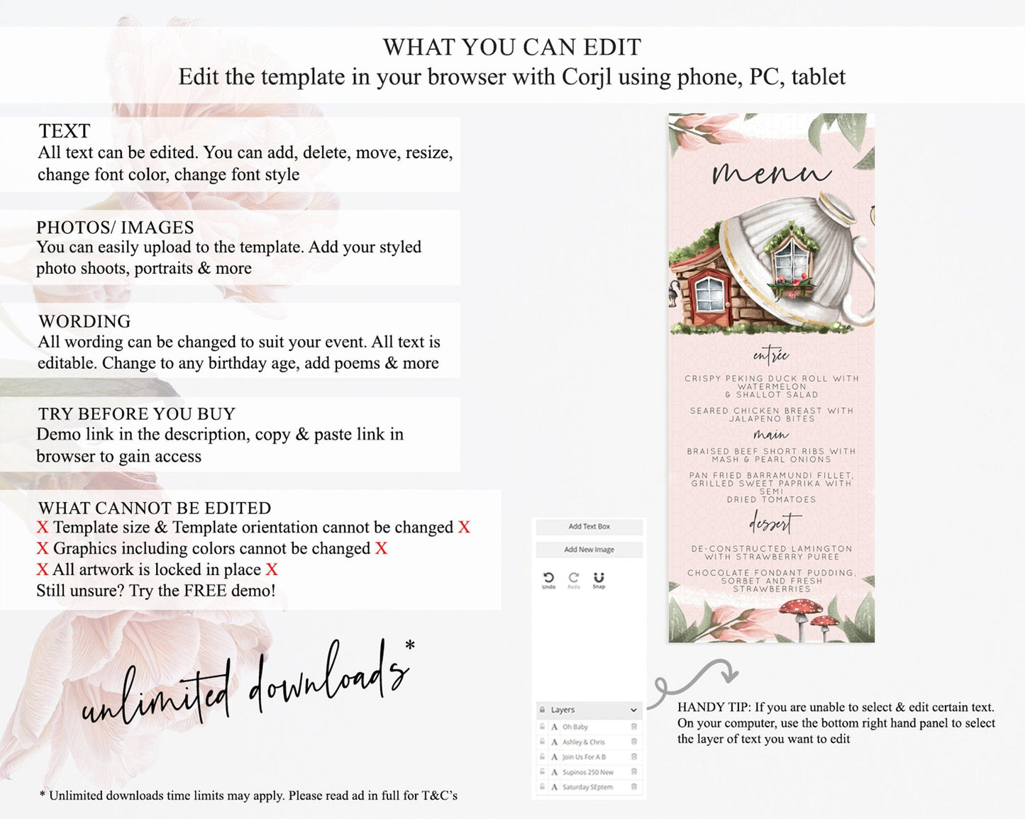 Fairy Menu Fairy Menu Template Enchanted Garden Pastel Floral Butterfly Table Decor Fairy Secret Garden Dinner Dessert Food Menu D10563